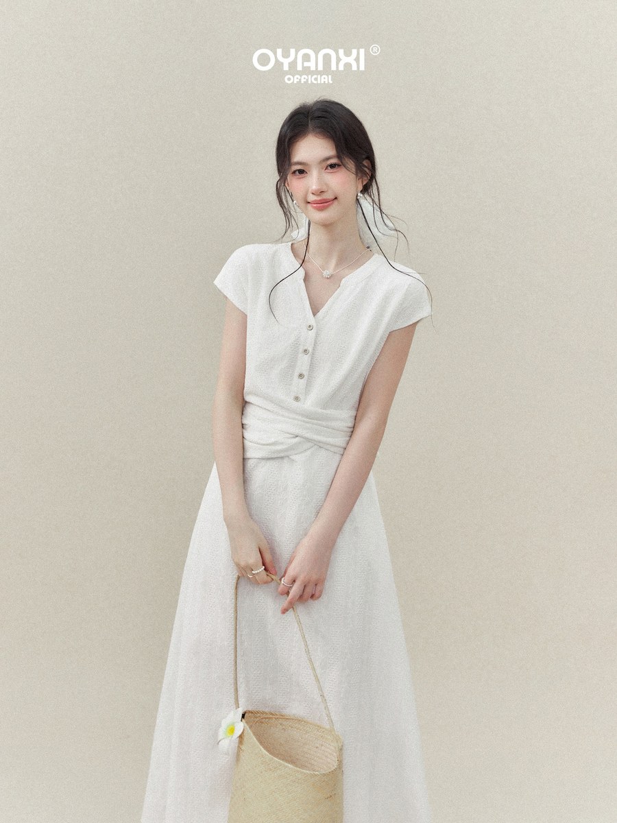 OYANXI Vネック ウエストリボン ロングワンピース