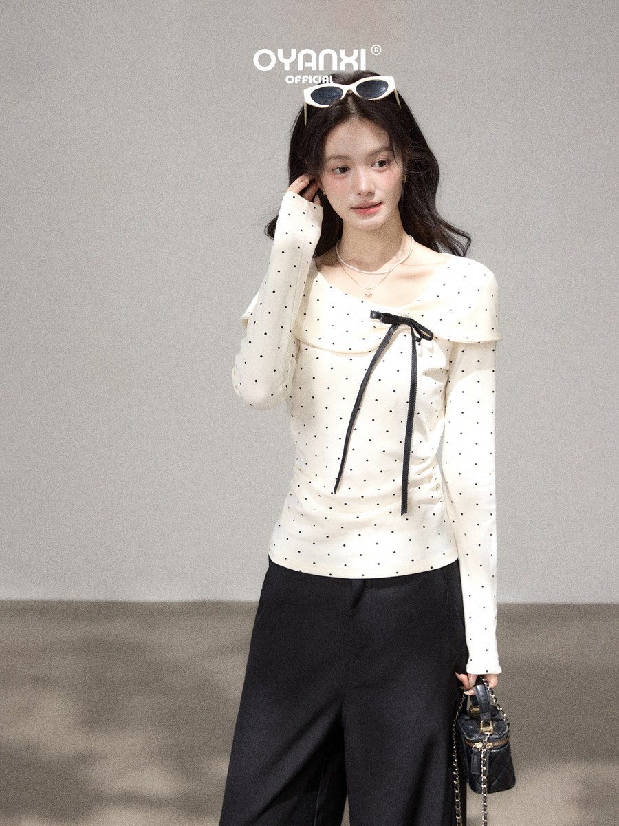 OYANXI ドット柄 リボンネック ギャザー 長袖Tシャツ