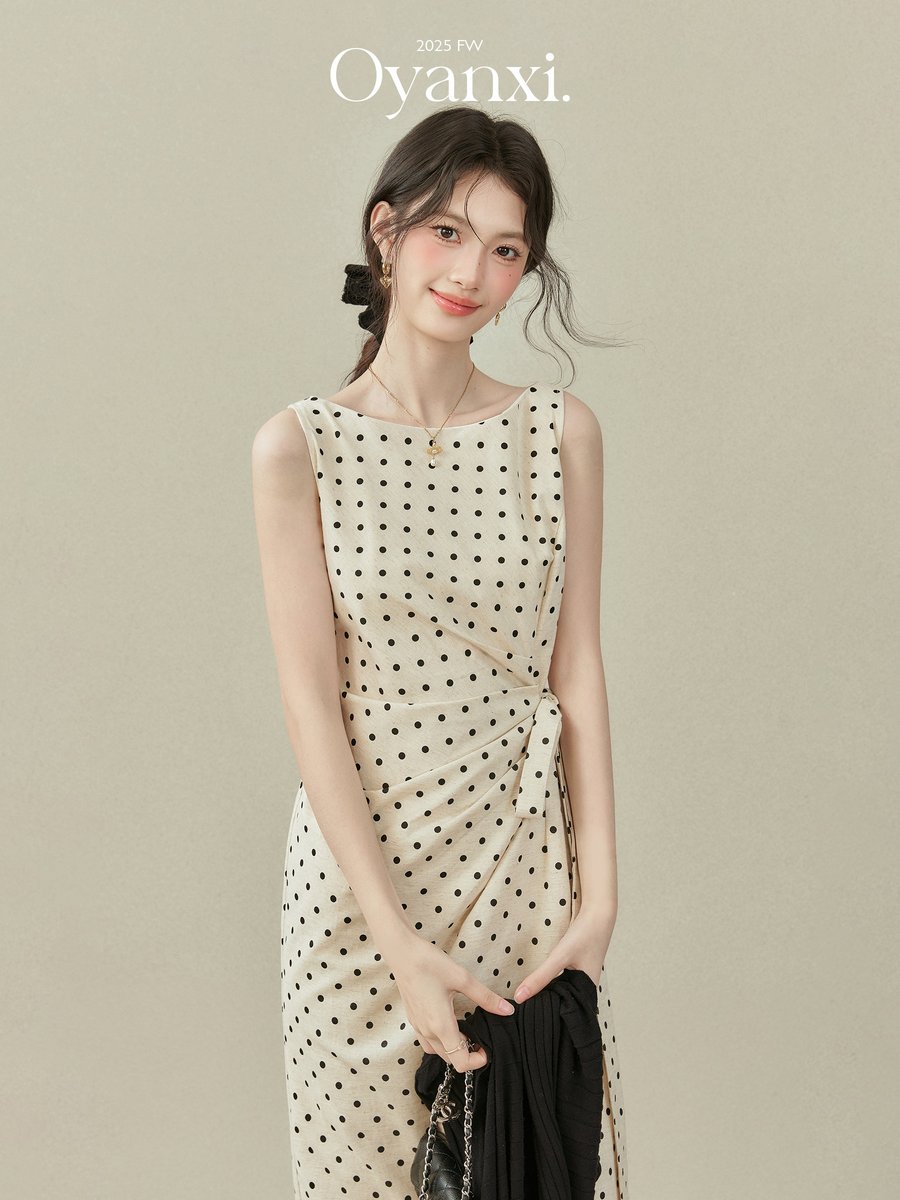 OYANXI ドット柄 ノースリーブ ロングワンピース