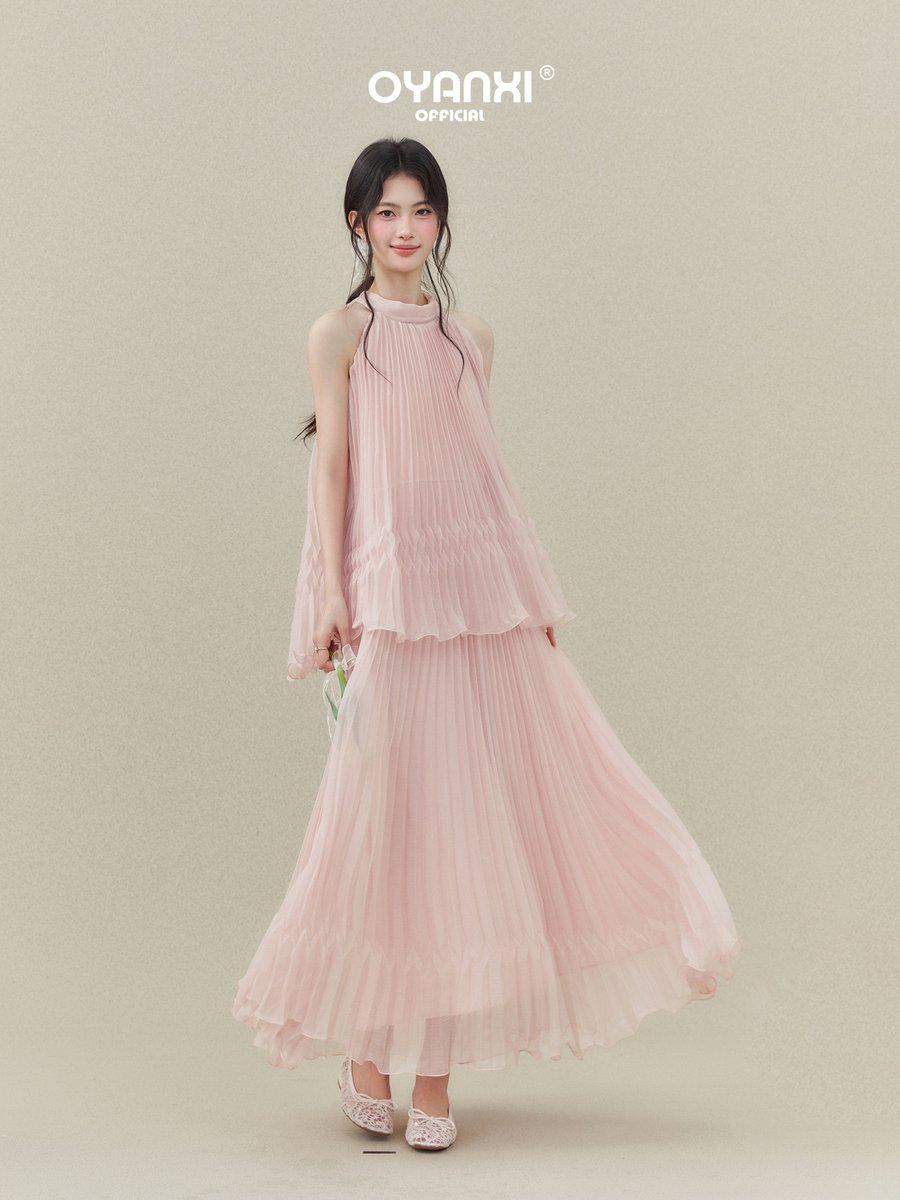 OYANXI ホルターネック オフショルダー プリーツワンピース