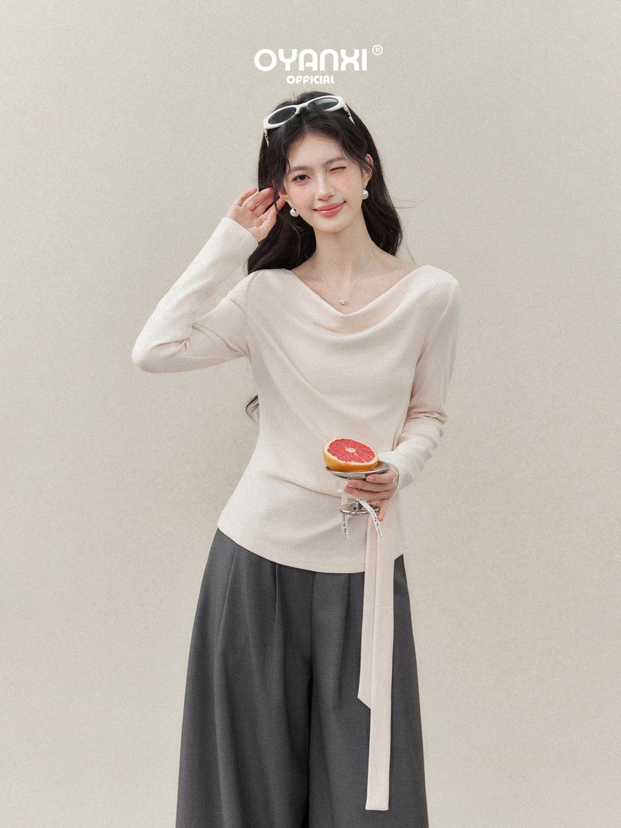 OYANXI ドレープネック サイドリボン 長袖Tシャツ