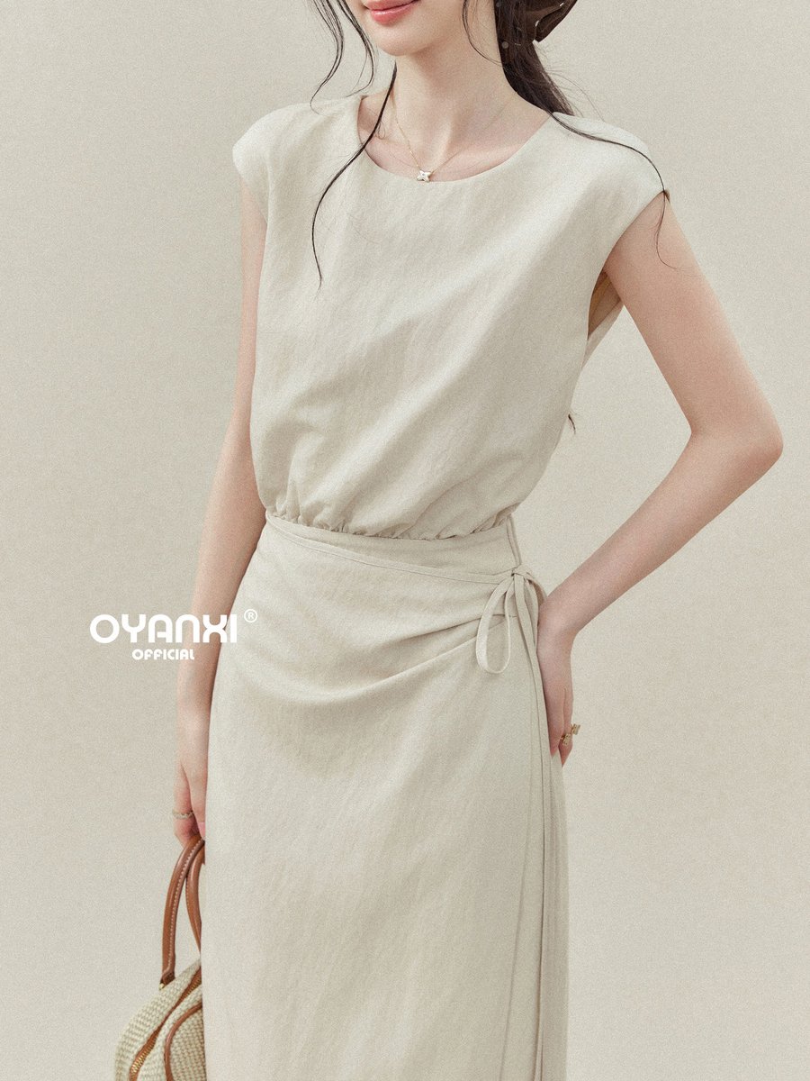 OYANXI シンプル クルーネック ウエストシェイプ ワンピース