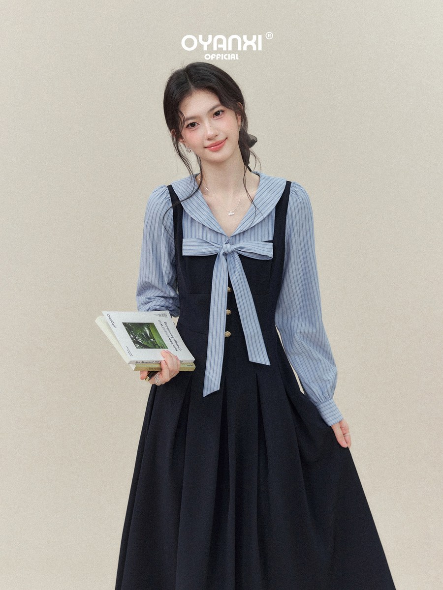 OYANXI フェイクレイヤード シャツ風 ロングワンピース