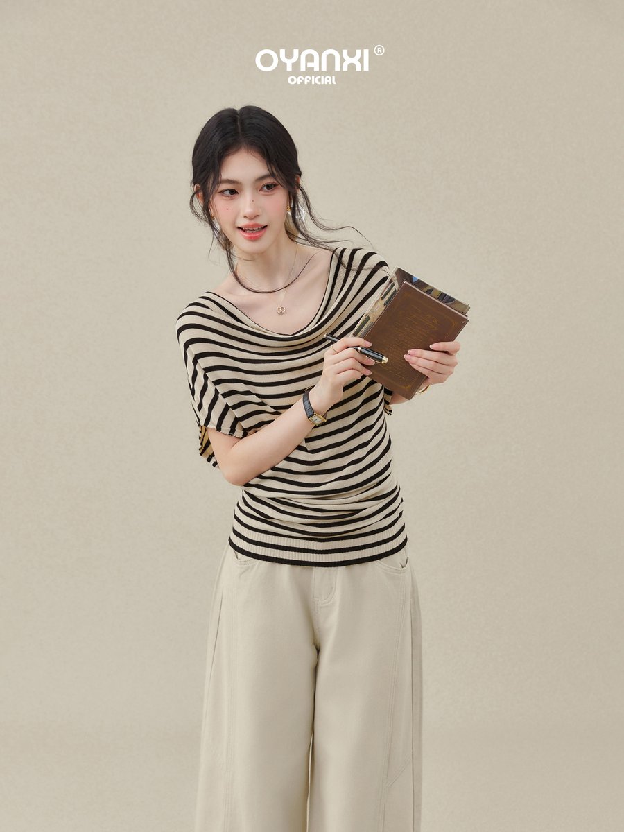 OYANXI ストライプ ドルマンスリーブ 半袖Tシャツ