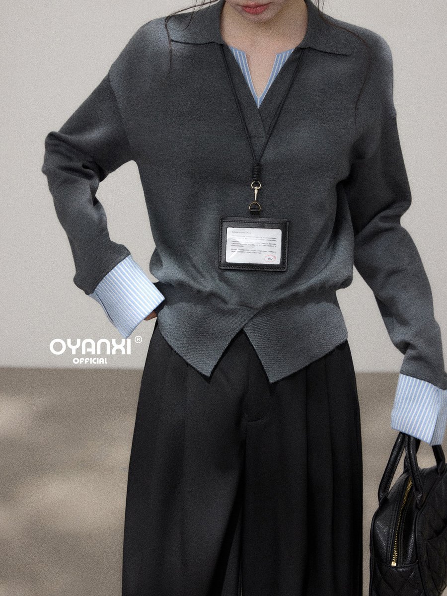OYANXI 襟付き Vネック フェイクレイヤード ゆったりニット