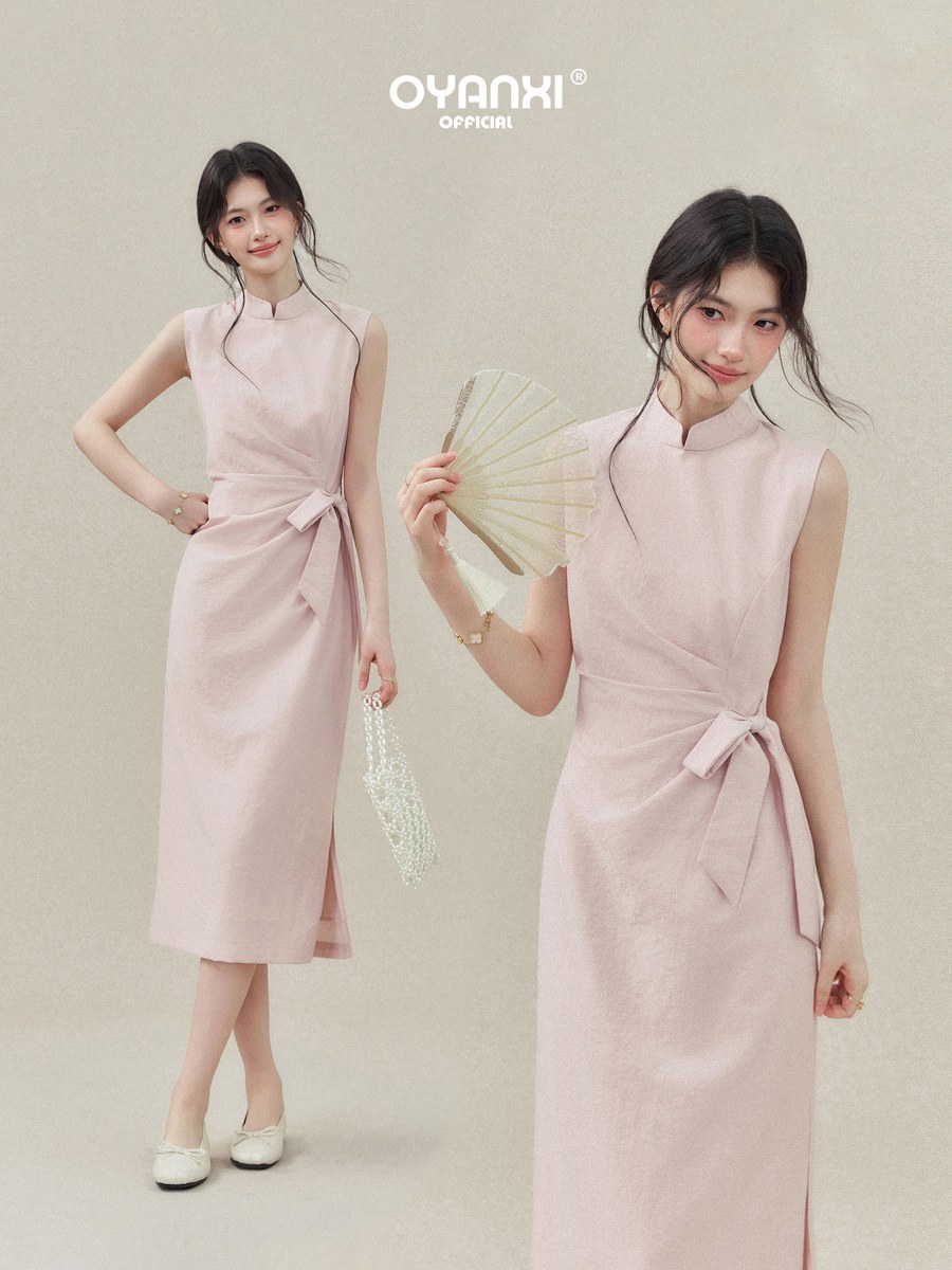 OYANXI アシンメトリー リボン ノースリーブワンピース