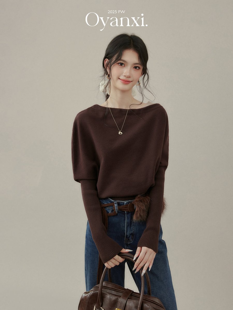 OYANXI 斜めネック ゆったり ブラウンニット