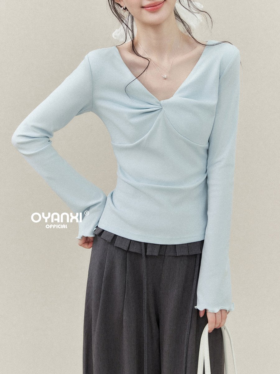 OYANXI ツイスト Vネック フリル袖 長袖Tシャツ