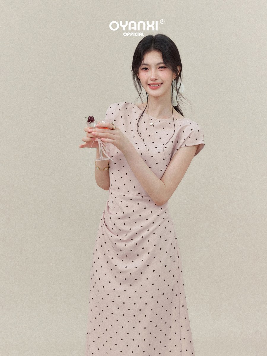 OYANXI ドット柄 クルーネック ウエストシェイプ ワンピース