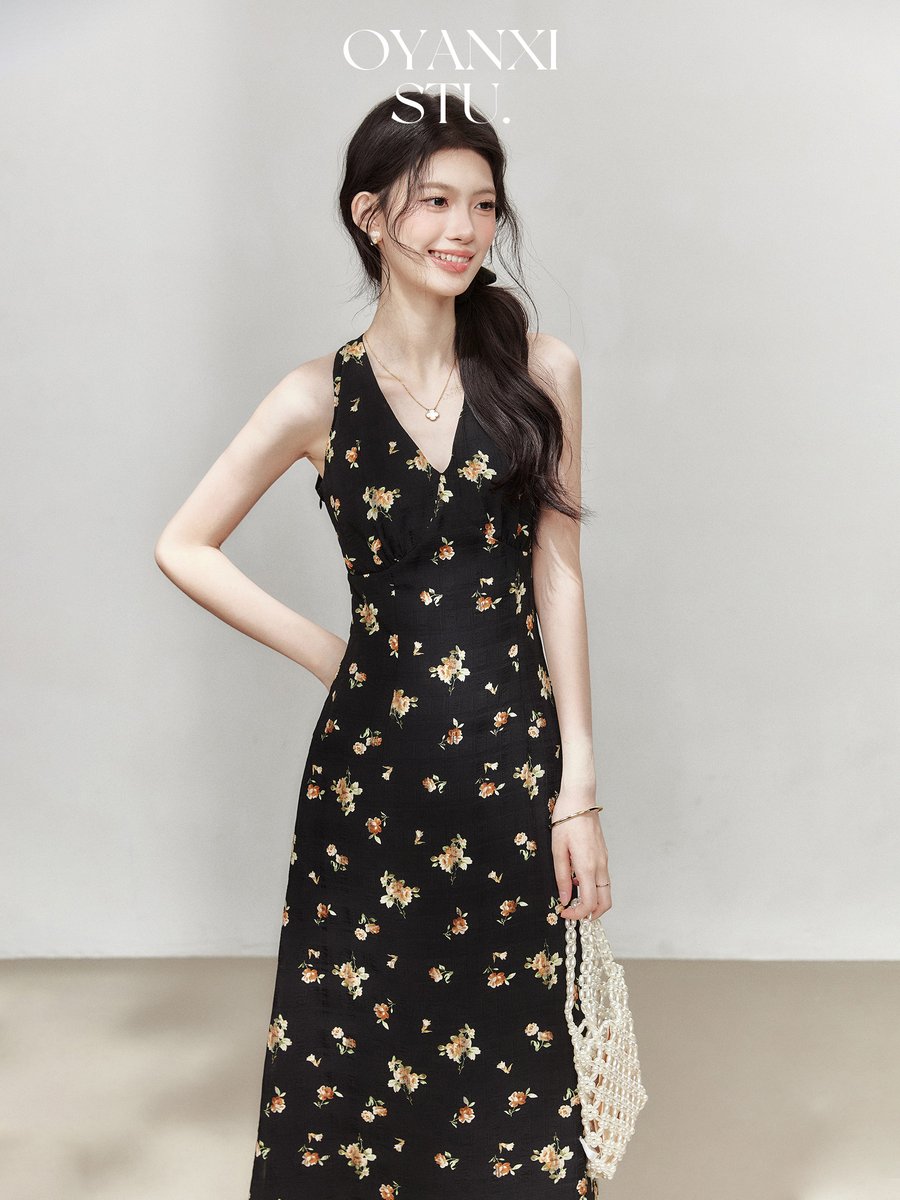 OYANXI 花柄 ホルターネック バックオープンワンピース ブラック