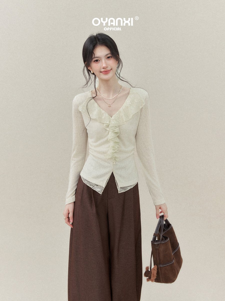 OYANXI レースフリル Vネック アシンメトリーヘム Tシャツ