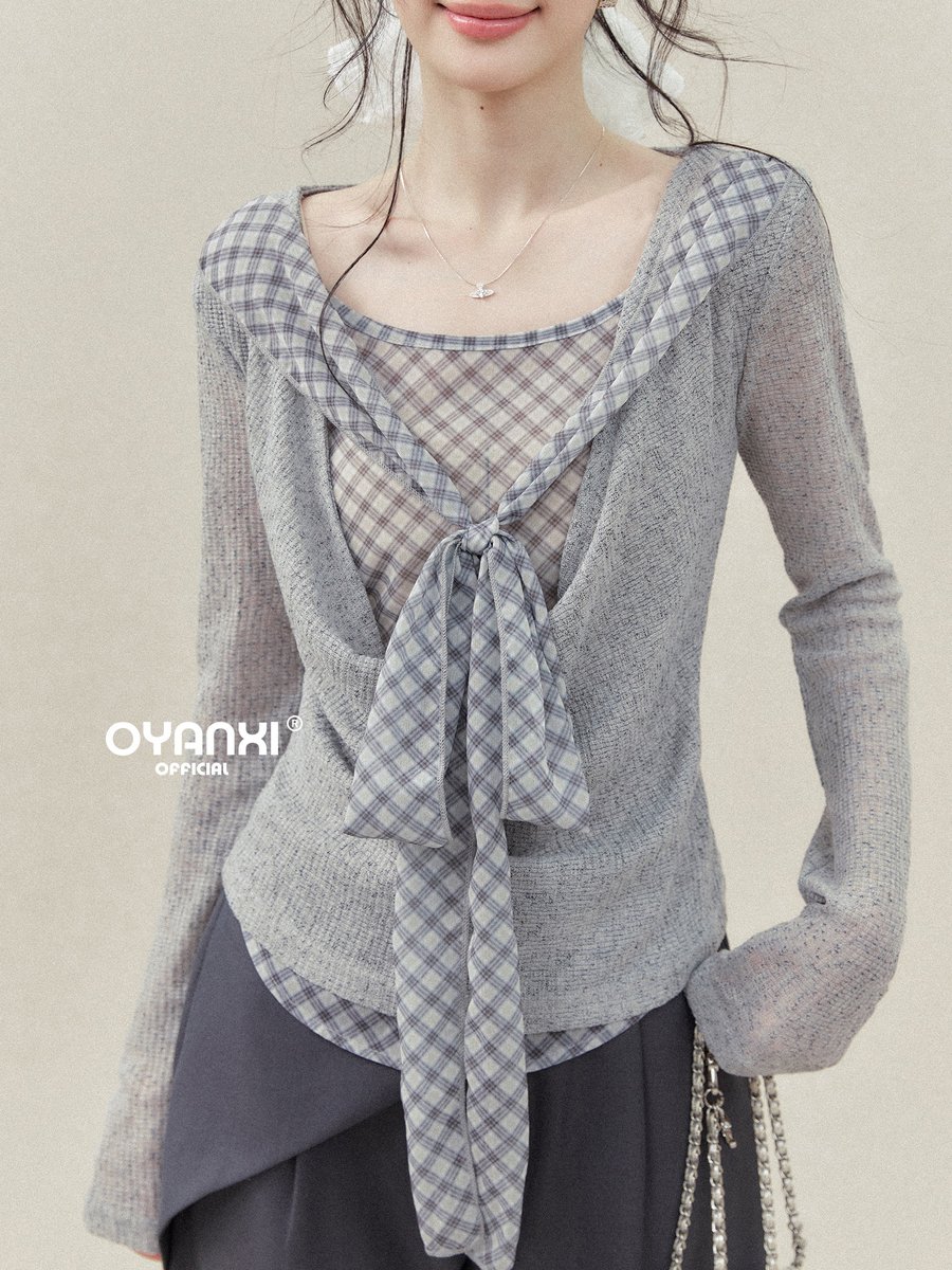 OYANXI ドレープネック チェック切り替え フェイクレイヤードTシャツ