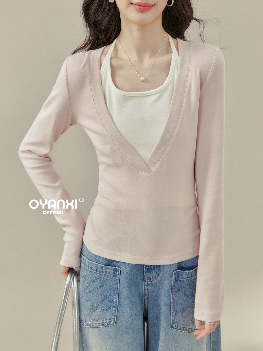 OYANXI ホルターネック風 フェイクレイヤード 長袖Tシャツ
