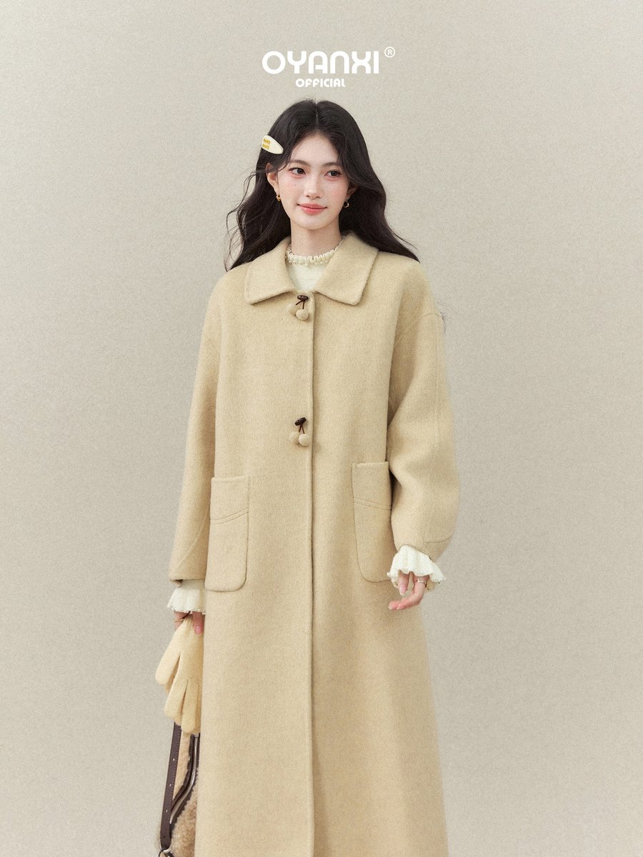 OYANXI ポンポンボタン 襟付き ロングコート