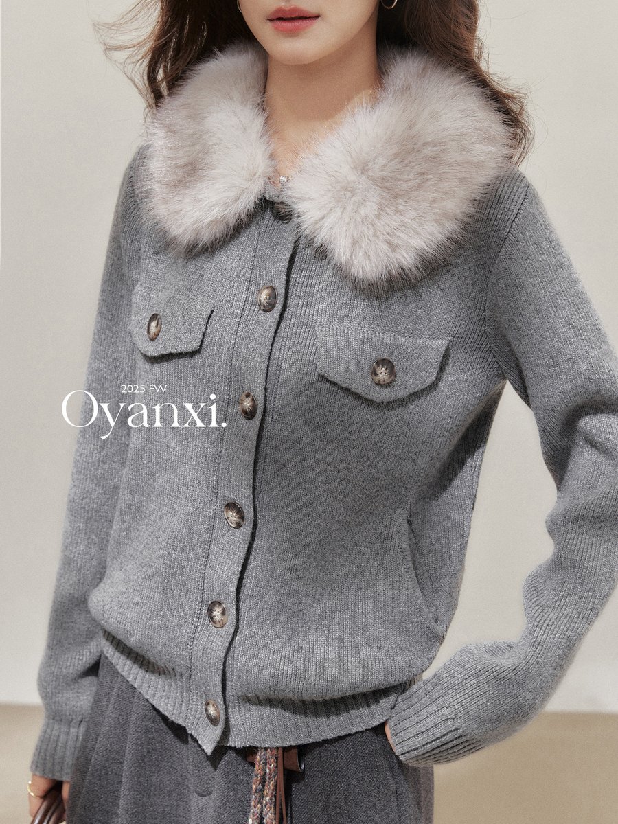 OYANXI ファーカラー ゆったり ニットカーディガン