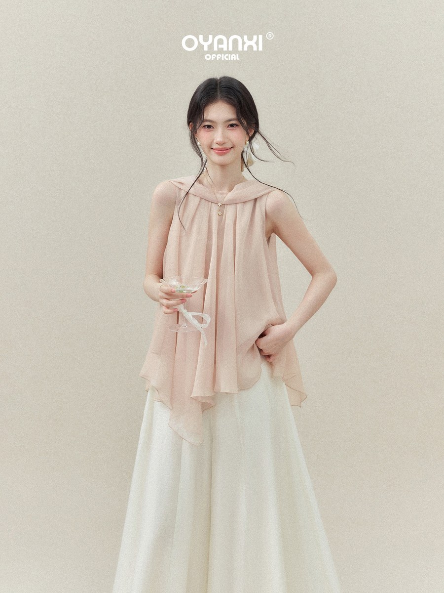 OYANXI ケープ風 リボン アシンメトリー ノースリーブトップス