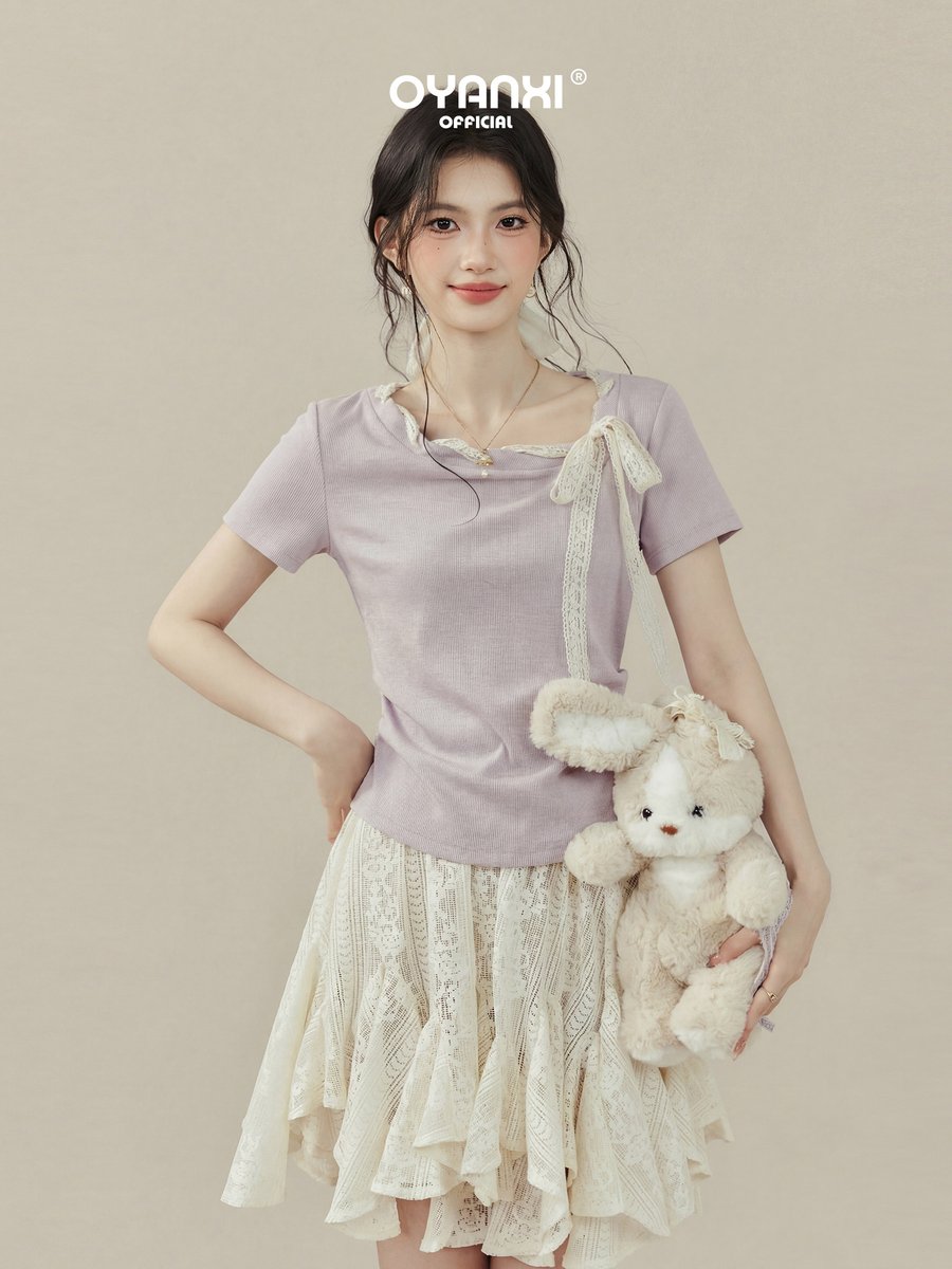 OYANXI リボン 半袖Tシャツ