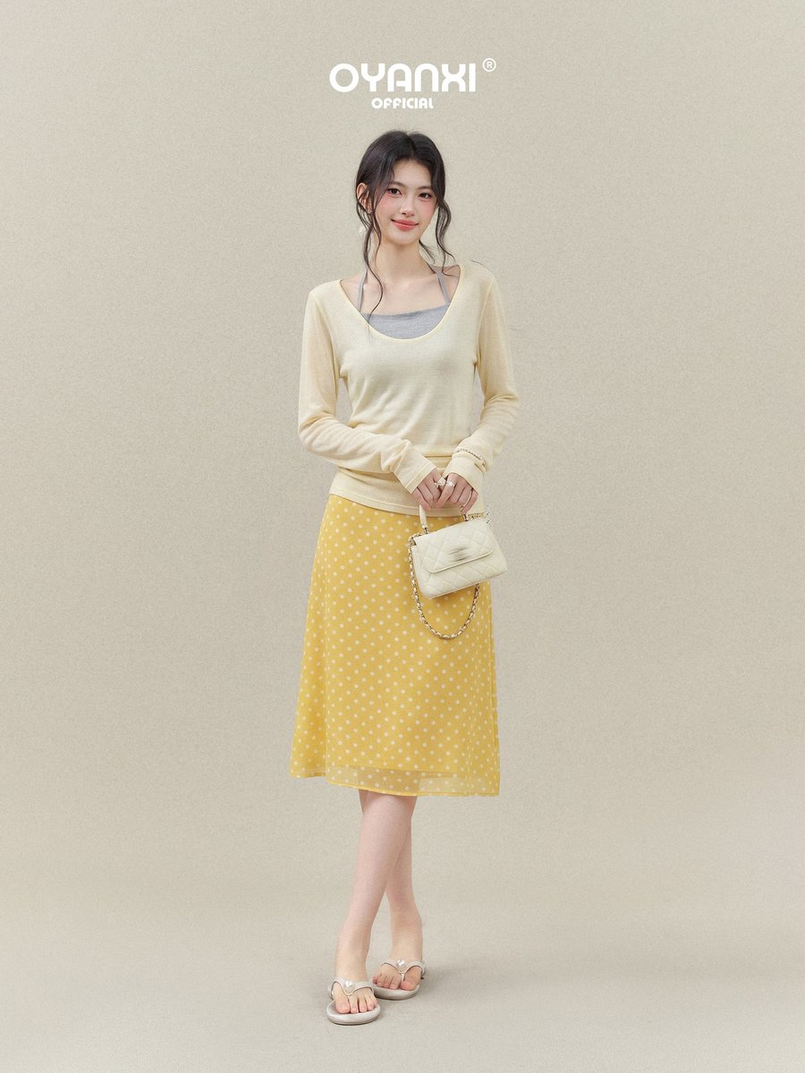 OYANXI ドット柄 ハイウエスト ストレート ミディスカート