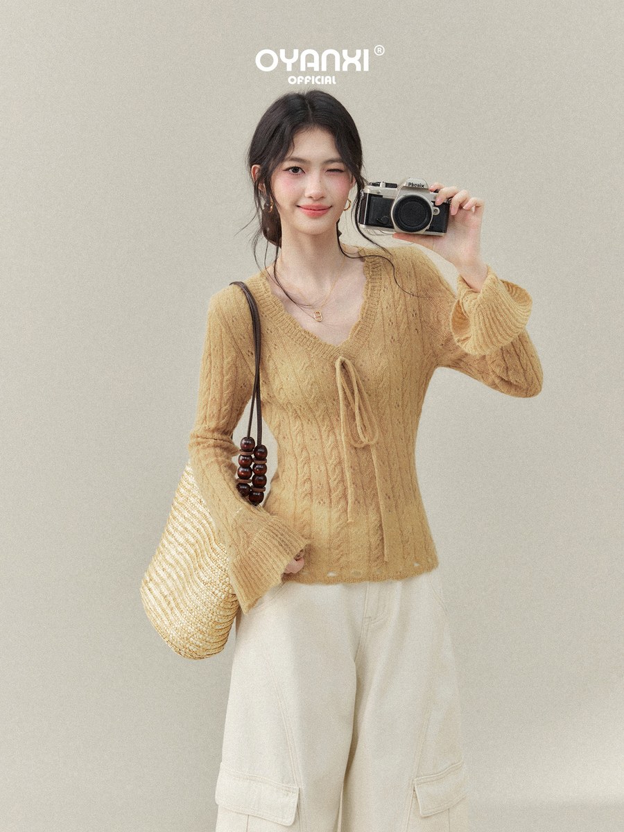 OYANXI 透かし編み Vネック フレアスリーブニット
