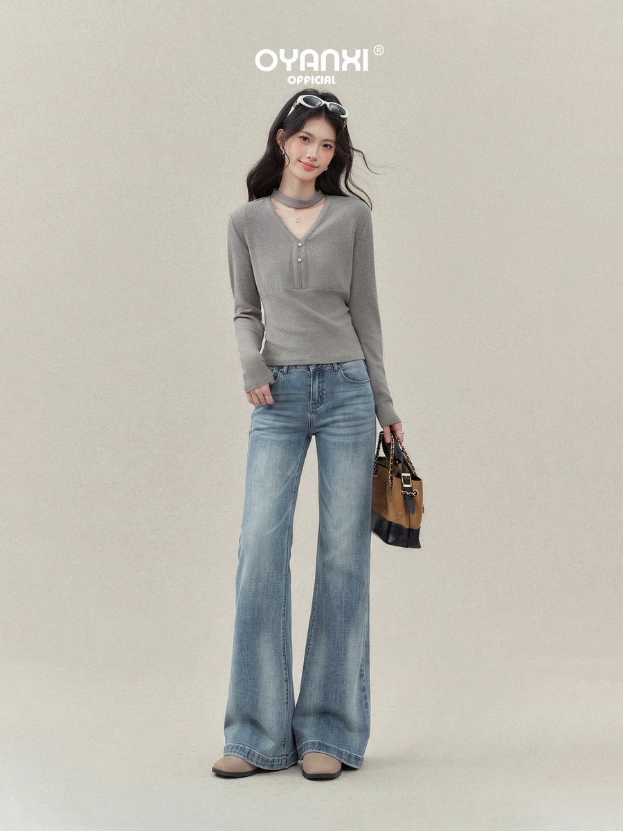 OYANXI ウォッシュド ヴィンテージ セミフレア ロング丈デニム