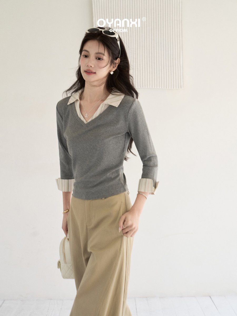 OYANXI 襟付き フェイクレイヤード 七分袖Tシャツ