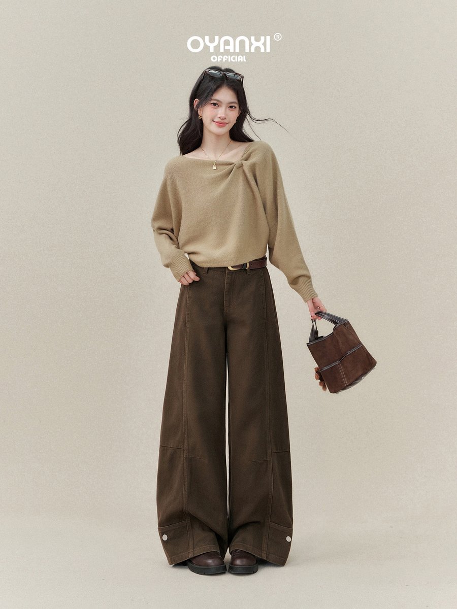OYANXI レトロ モカブラウン カーブシルエット ワイドデニムパンツ