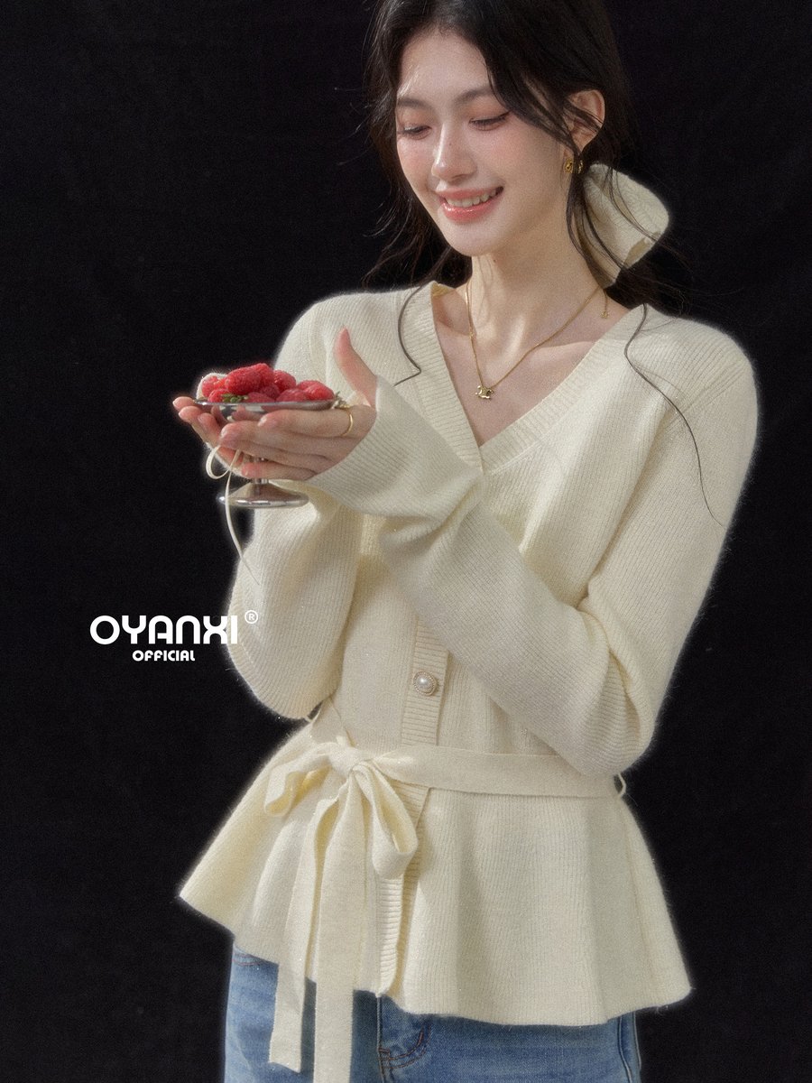 OYANXI Vネック パールボタン フリル裾 ウエストベルト ニット