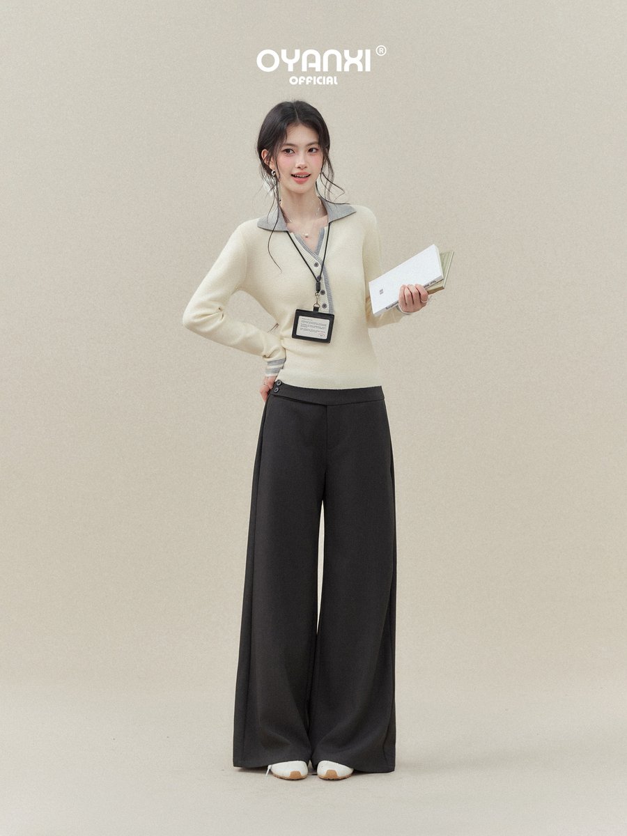OYANXI 配色 襟付き Vネック ボタン ニット