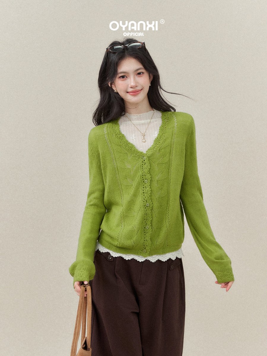 OYANXI Vネック 透かし編み柄 ゆったり 長袖ニットトップス