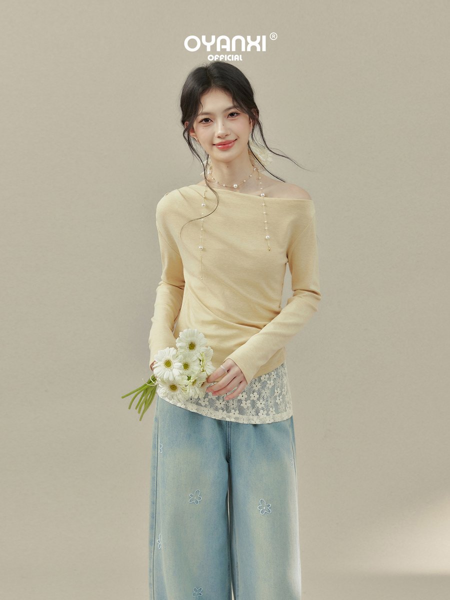 OYANXI レーストリム アシンメトリーネック フェイクレイヤードTシャツ