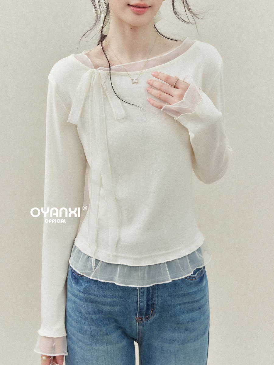 OYANXI チュール切り替え リボン クルーネック 長袖Tシャツ