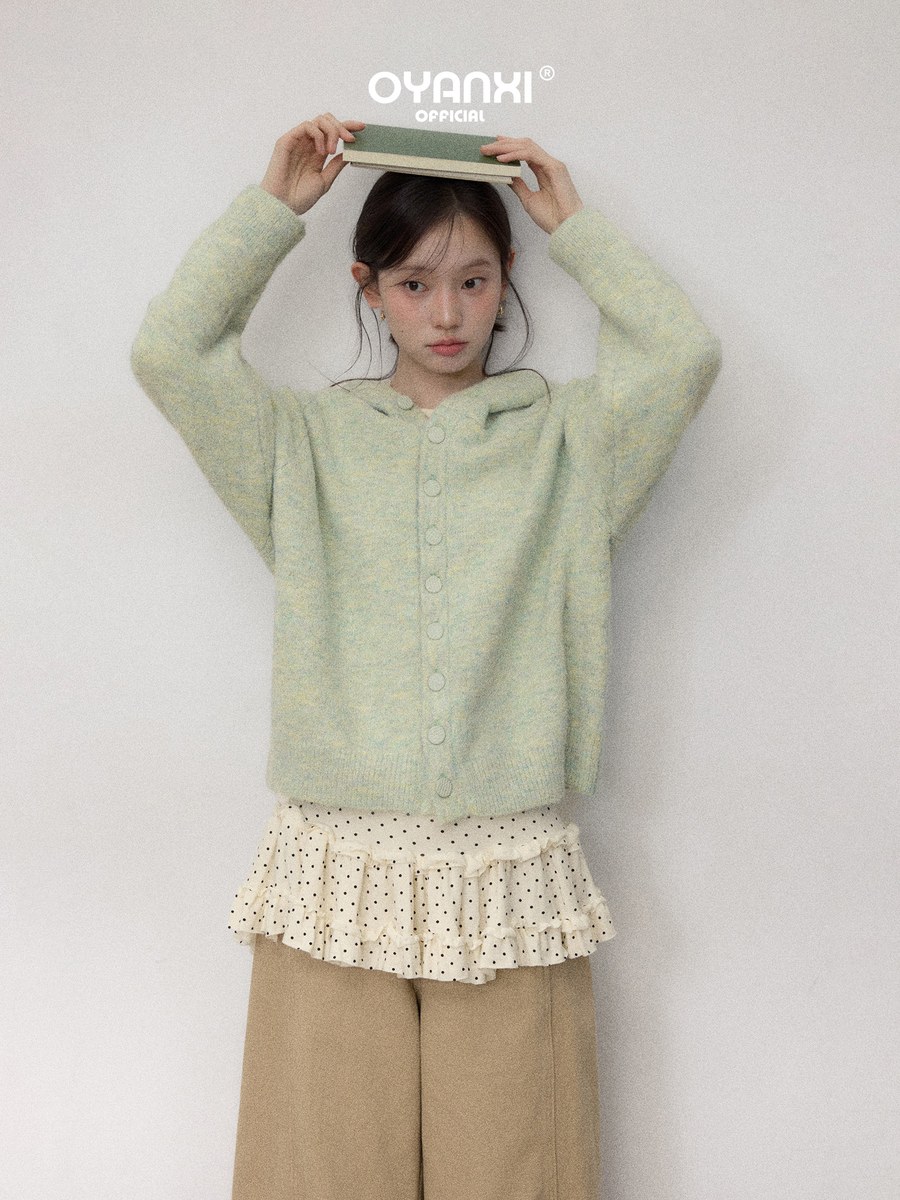 OYANXI フード付き ショート丈 ニットカーディガン