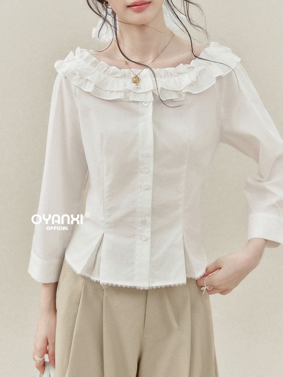 OYANXI ダブルフリル オフショルダー レーストリム ブラウス