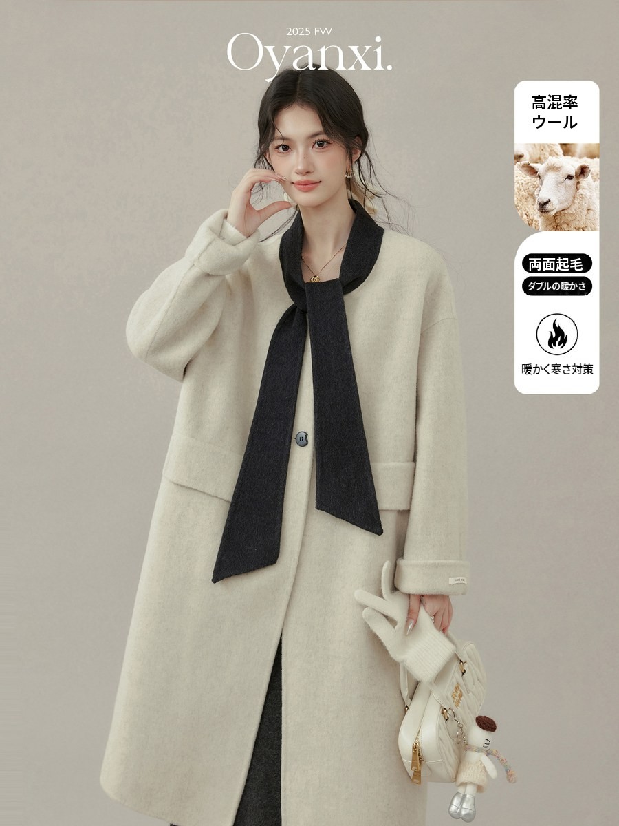 OYANXI リボンディテール ウール調コート