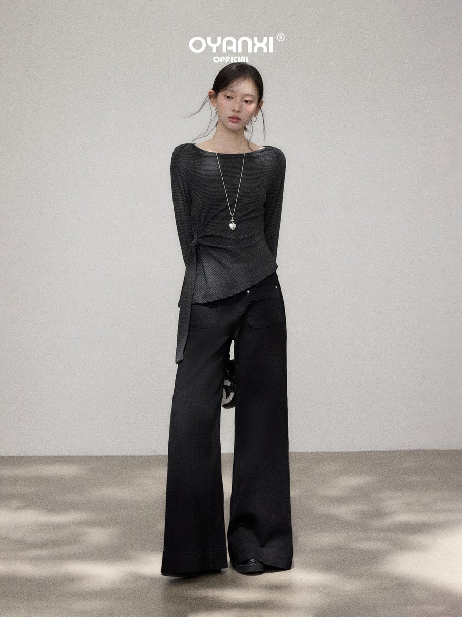 OYANXI ブラックデニム ストレート ロング丈 ワイドパンツ