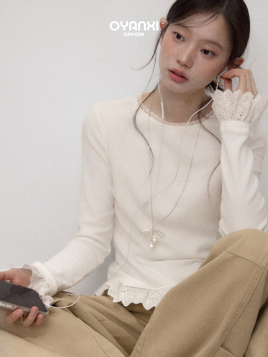 OYANXI レーストリム クルーネック スリム 長袖Tシャツ