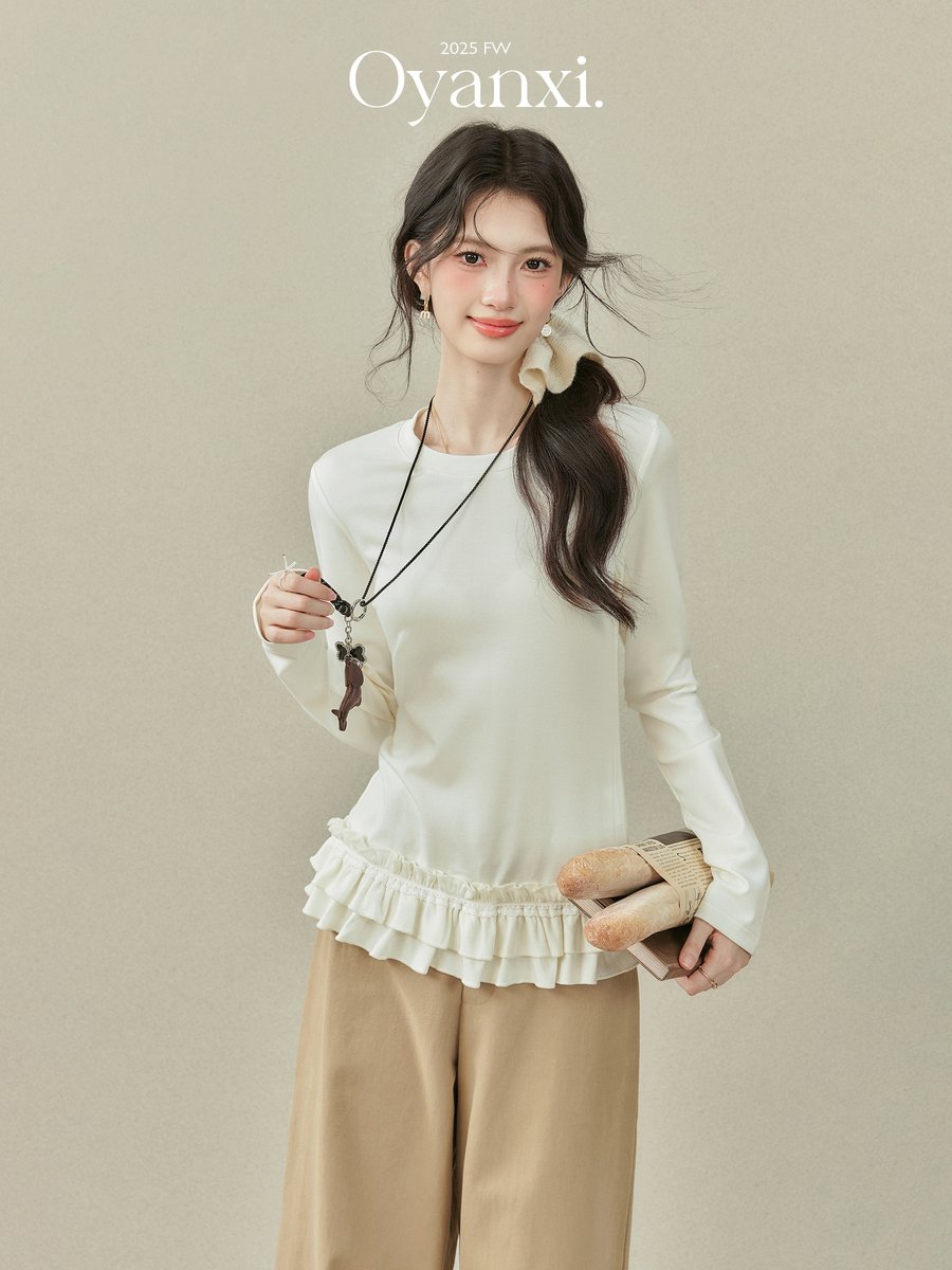 OYANXI フリル ニット 長袖インナーTシャツ