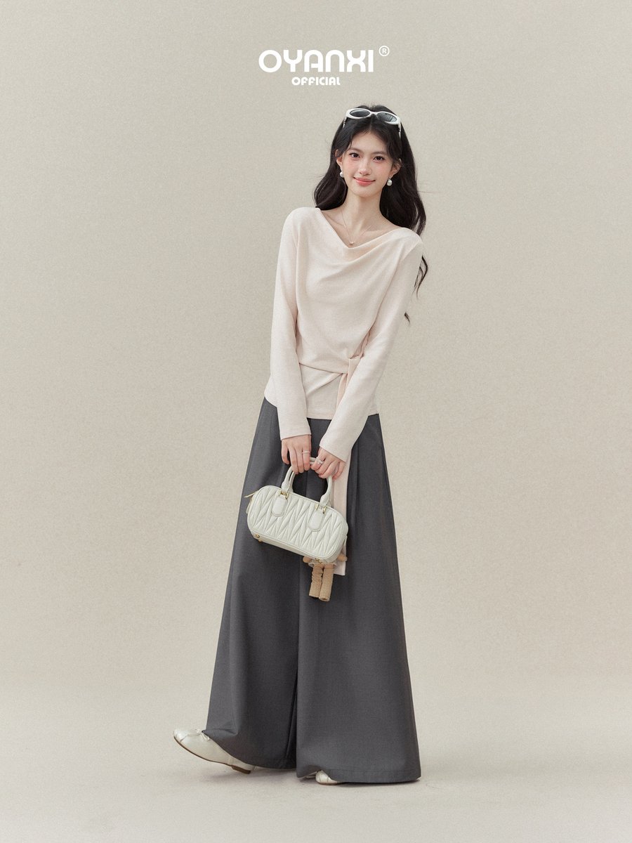 OYANXI ドレープネック サイドリボン 長袖Tシャツ