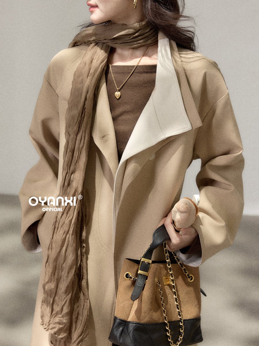OYANXI ビッグカラー ベルト付き ロングトレンチコート