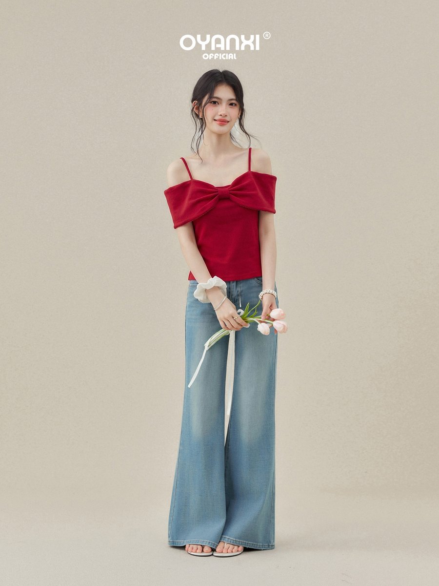 OYANXI リボン オフショルダー スリム 半袖Tシャツ
