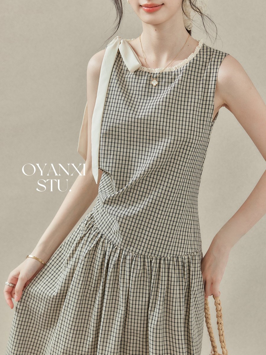 OYANXI チェック柄 レース切り替え ロングワンピース