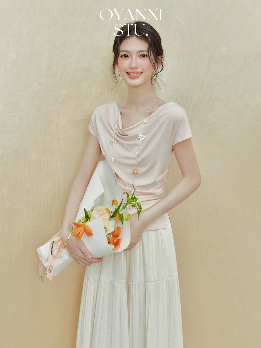 OYANXI ドレープネック ウエストシェイプ 半袖Tシャツ