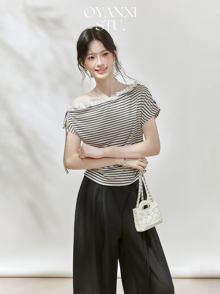 OYANXI ストライプ ワンショルダー 半袖Tシャツ