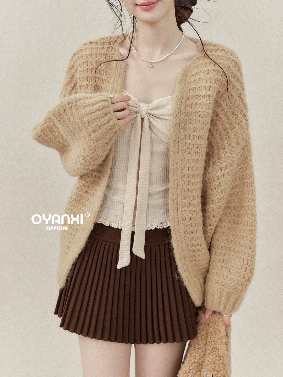 OYANXI 透かし編み ランタンスリーブ ゆったり ニットカーディガン