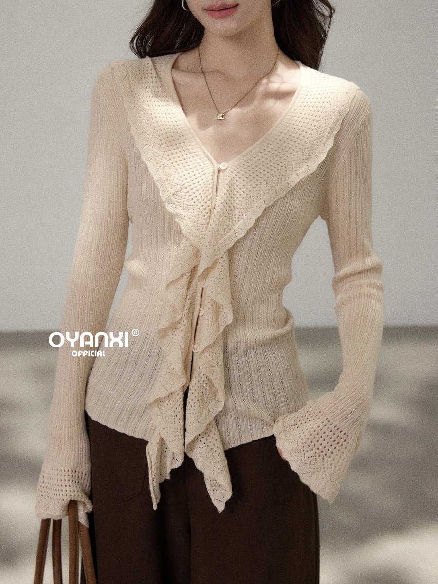 OYANXI 透かし編み Vネック フリル スリム 長袖ニット