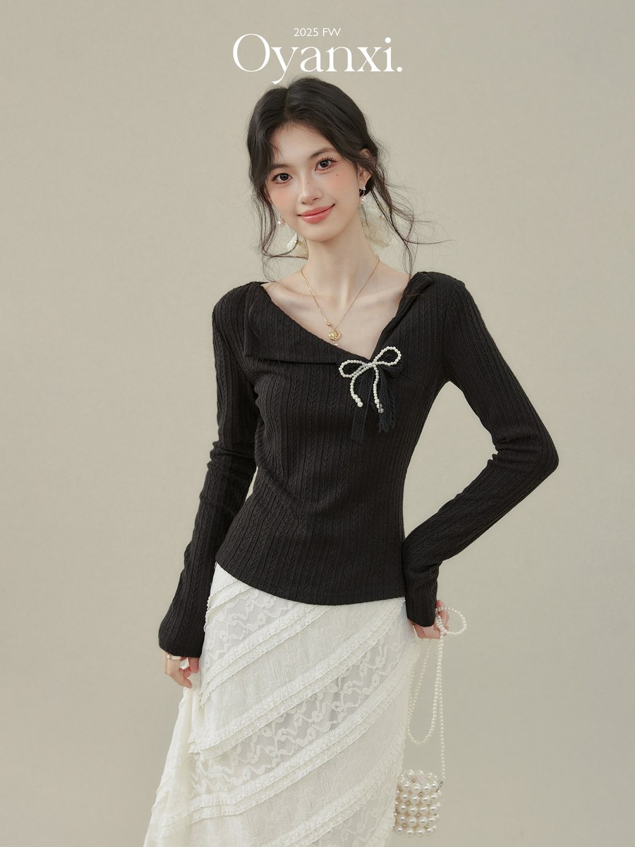OYANXI リボン 長袖Tシャツ ブラック