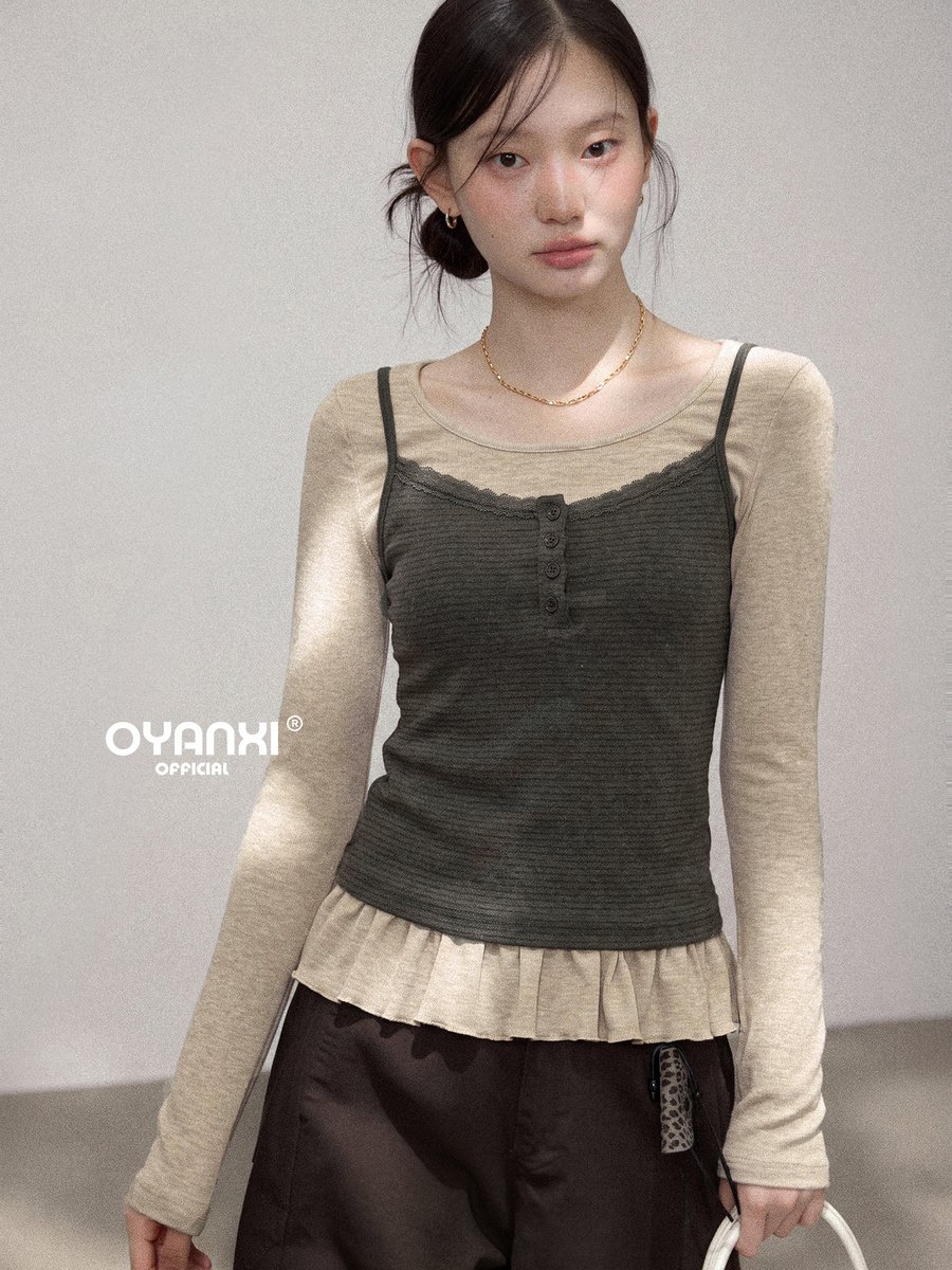 OYANXI 配色切り替え フェイクレイヤード フリル裾 長袖Tシャツ