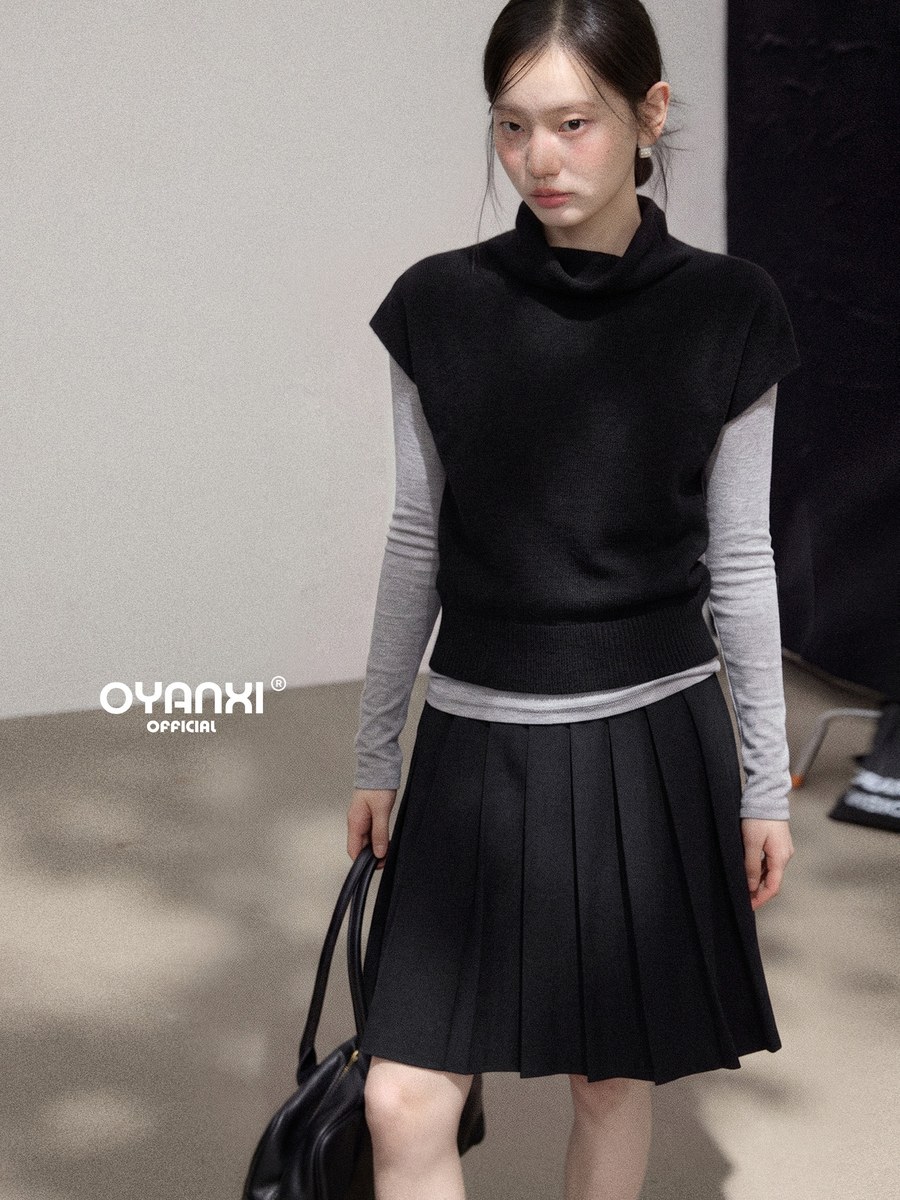 OYANXI ハイネック ニットベスト×長袖インナー レイヤード 2点セット