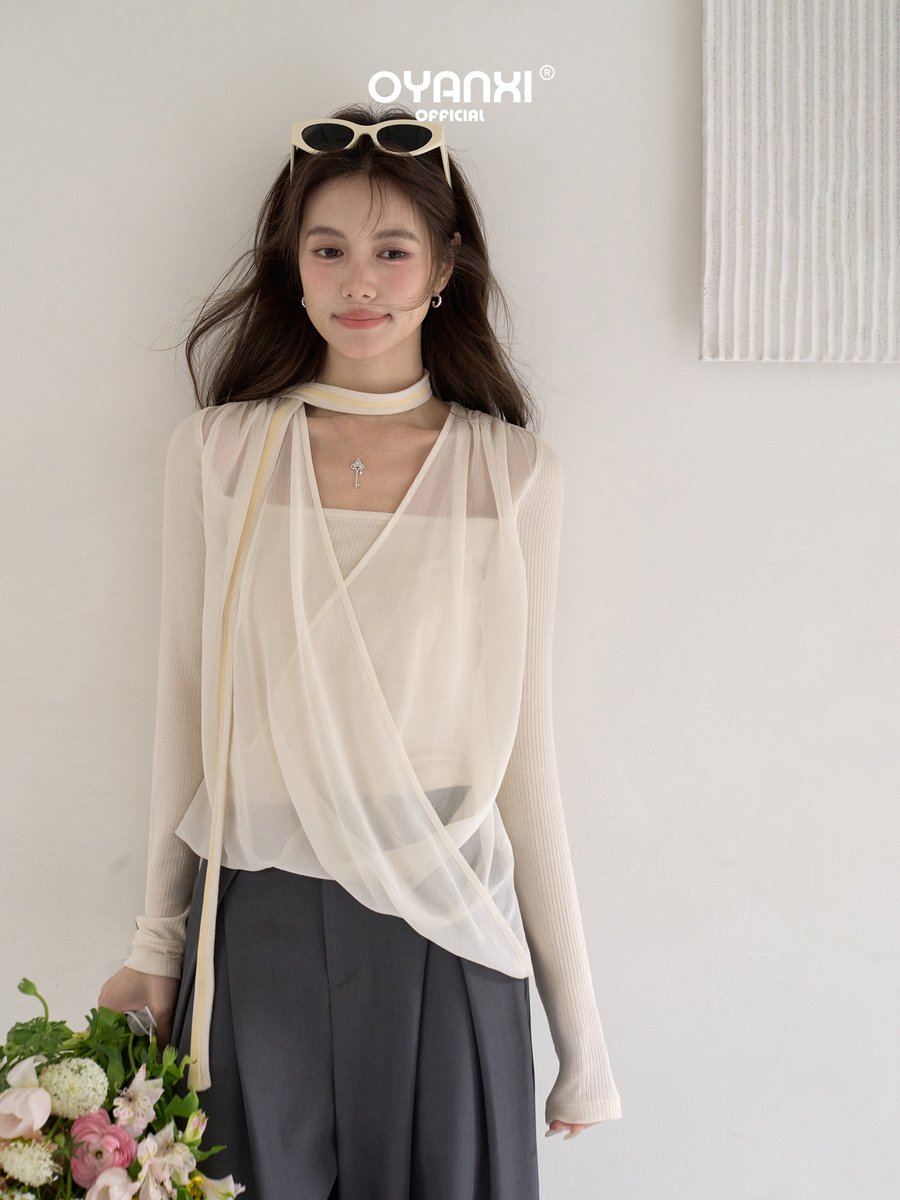 OYANXI チュール ドレープ フェイクレイヤード ホルターネックTシャツ