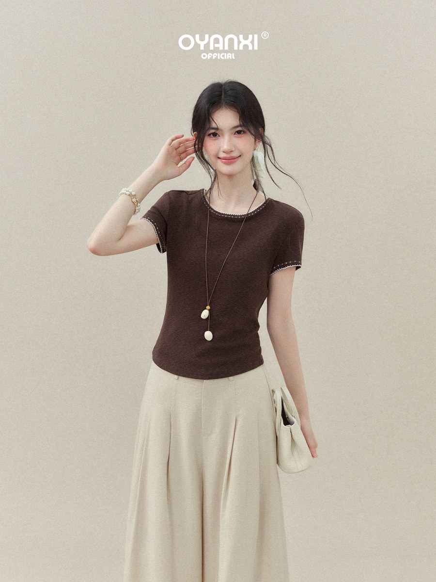 OYANXI 刺繍レーストリム クルーネック 半袖Tシャツ